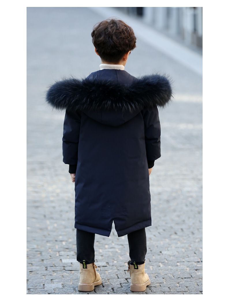 Chłopięca kurtka puchowa w stylu koreańskim – średniej długości, zimowa kurtka z kapturem | 90% białego puchu kaczego | Lekka i ciepła (3-8 lat) | Czarny/Ciemnoniebieski/Zielony wojskowo_voghion.com