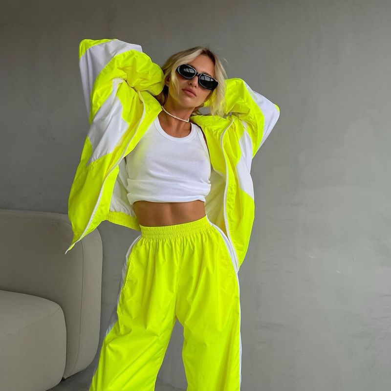 Women's Winter Sports Suit Zipper Color-Block Jacket Elastic Waist Floor-Length Pants Two-Piece Set Trendy Style_voghion.com