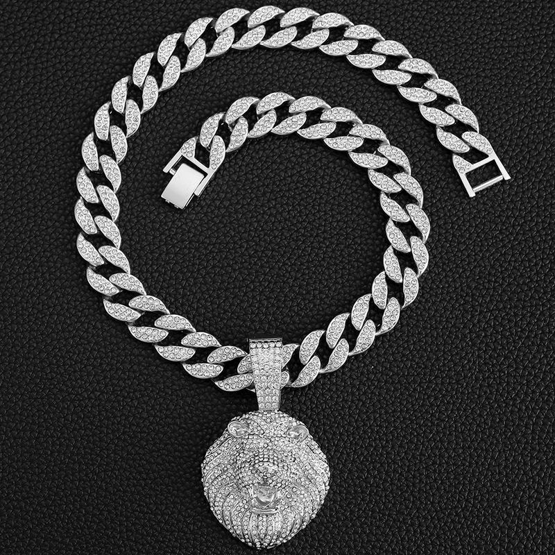Cool Full Dia Personality Three Dimensional Lion Head Pendant Cuban Necklace Street Hip Hop Style_voghion.com