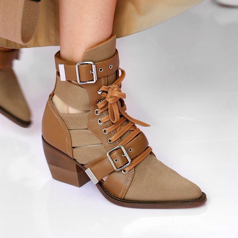 2021 Fashion Show Chunky Heel Hollow Lace-up Genuine Leather Belt Buckle Pointed Toe Ankle Boots Plus Size Shoes_voghion.com