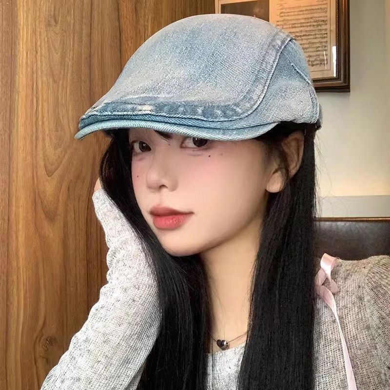 2025 Neue gewaschene Denim-Cap für Damen, vielseitig für Sommer und Herbst, großer Kopfumfang, gesichtsschlank machend,_voghion.com