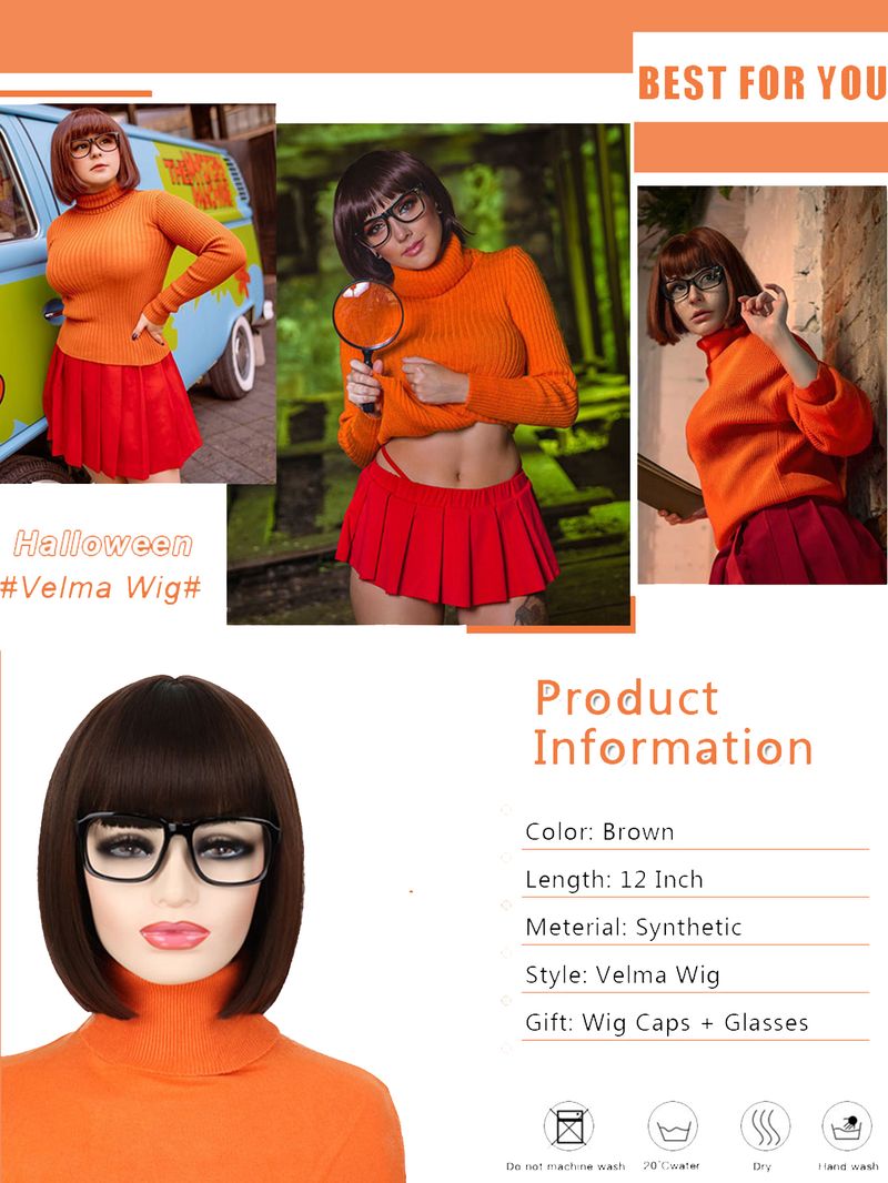 Kuummüük sirge bob tukkidega, pruun kuumakindel kiust cospaly velma parukas igapäevaseks peoks halloweeniks_voghion.com