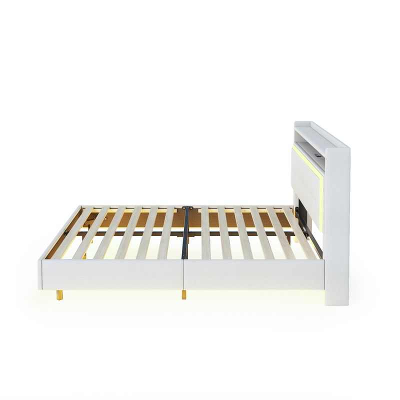 Polsterbett 160x200cm Con USB, LED, Fuochi Versteckten, Leinenstoff Beige_voghion.com