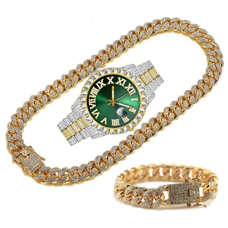 Hip Hop Watches Set Diamond Watch Bracelet Necklace Quartz Watch_voghion.com