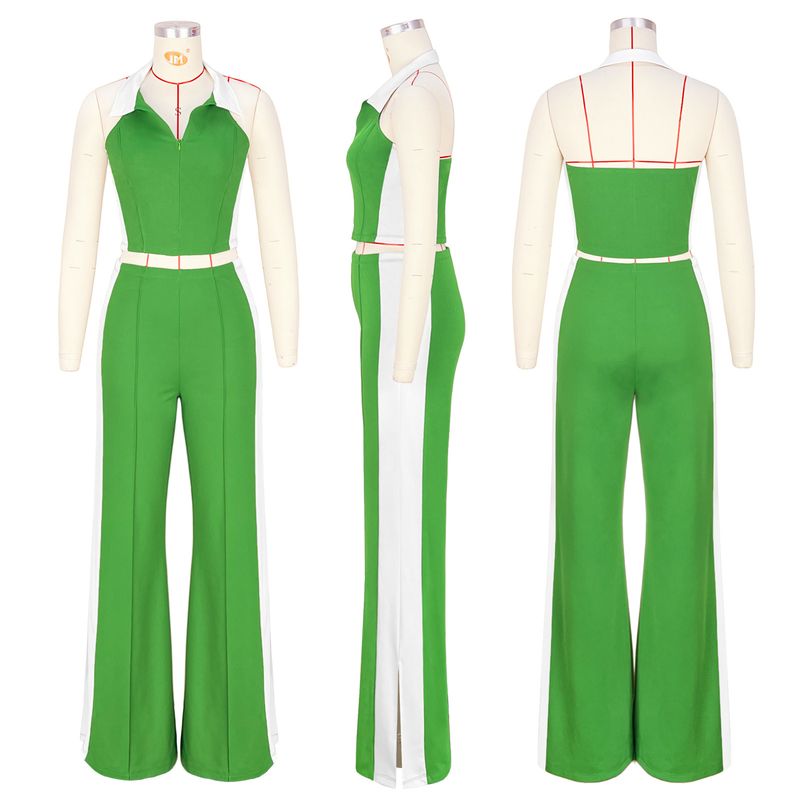 Ensemble deux pièces pour femme, mode, coutures contrastées, col en V, fermeture éclair, sans manches, pantalon fendu_voghion.com
