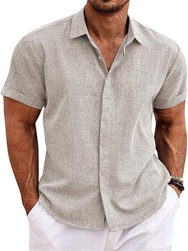 Herrenbekleidung Herren Leinenhemd Kurzarm Freizeithemd Button-Down-Hemd Herren Strand Sommer_voghion.com