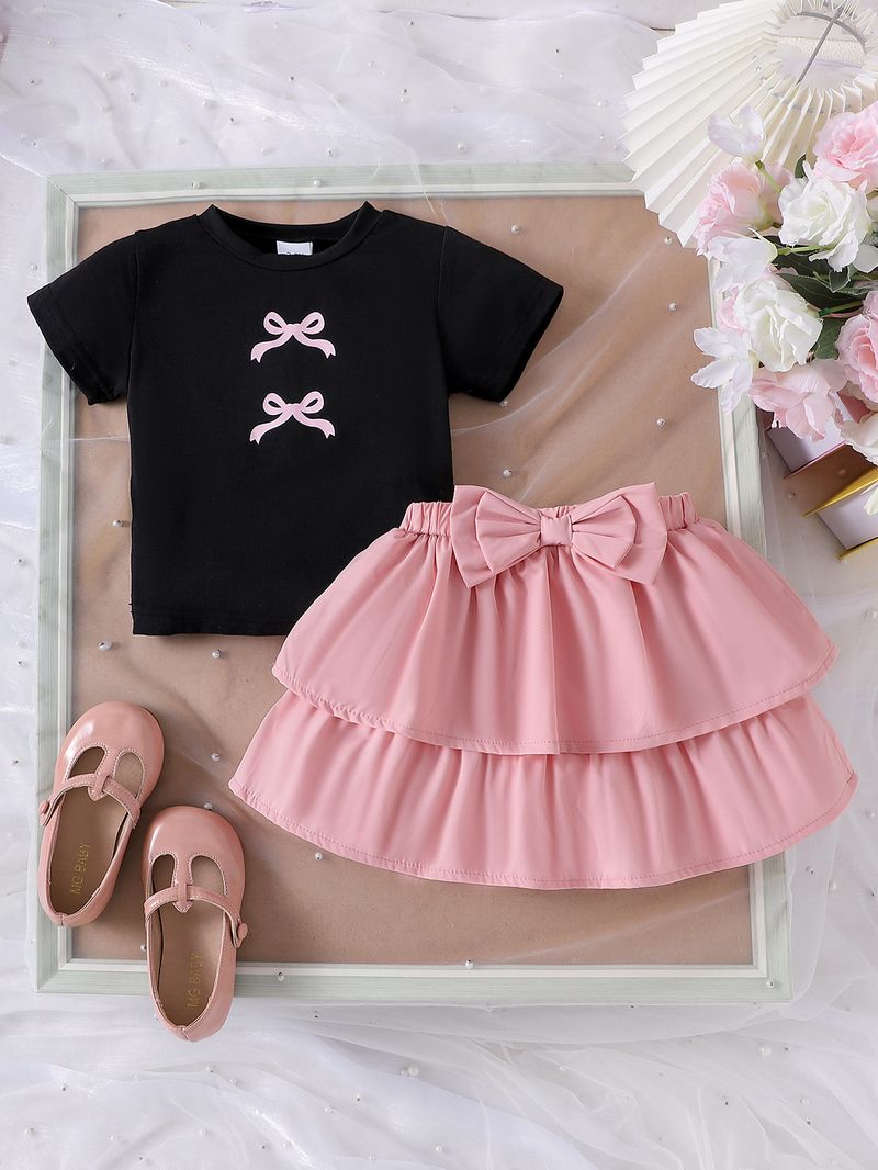 Kid's Clothing Summer Girl Suit Bow Print Short Sleeve Pink Puffy Skirt New Two Piece Suit_voghion.com