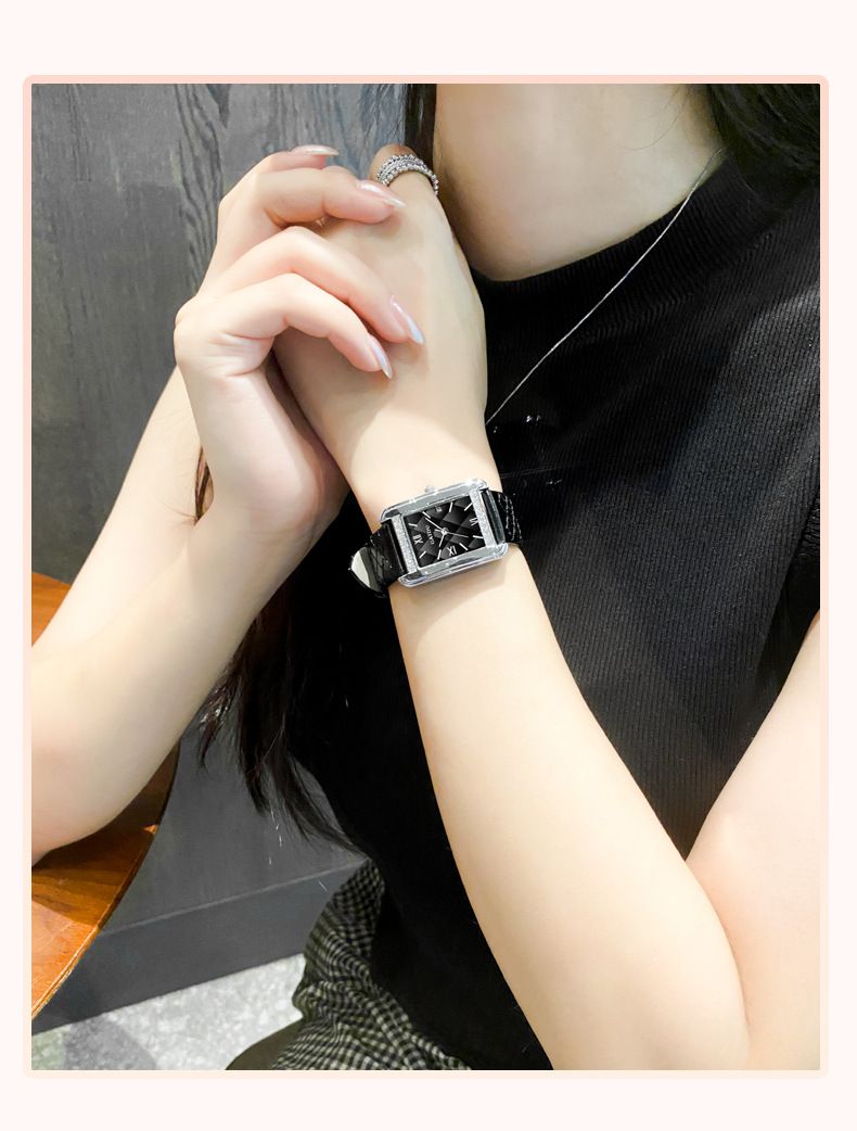 Relógio de quartzo quadrado elegante e retrô para mulheres - Relógio de pulso vintage minimalista com pulseira de couro e mostrador com padrão de diamante, relógio de nicho para deslocamento_voghion.com