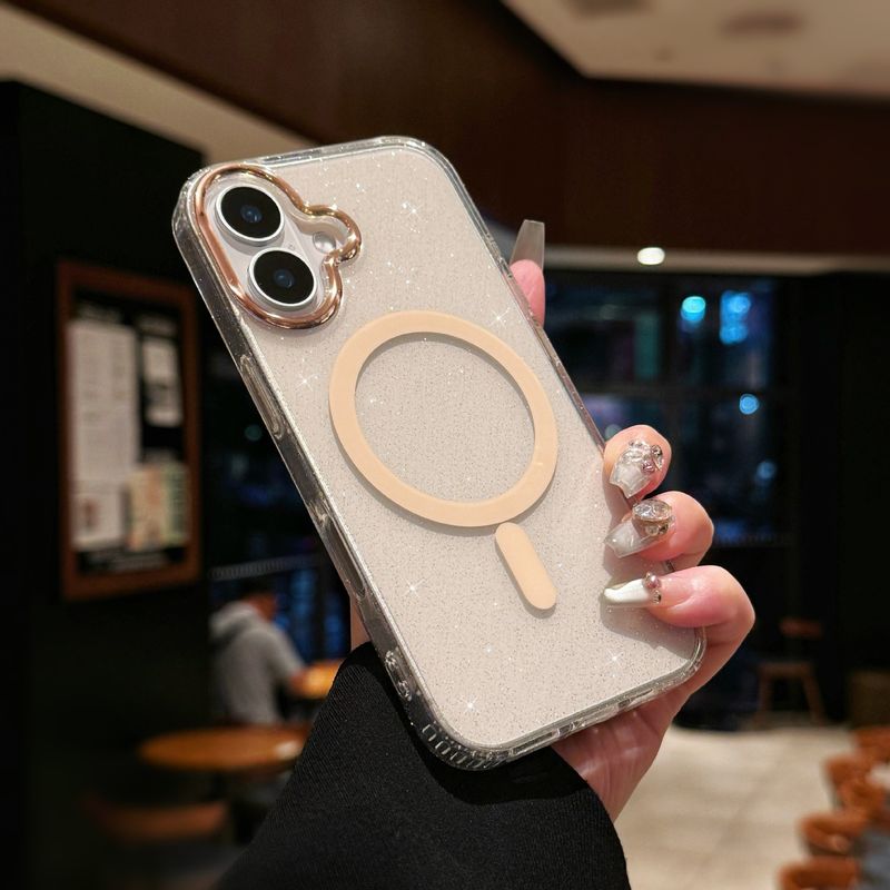 Glitter Magnetic Phone Case For IPhone 15/16 - Premium Electroplated Transparent Cover With Large Camera Cutouts (Gold Sparkle)_voghion.com