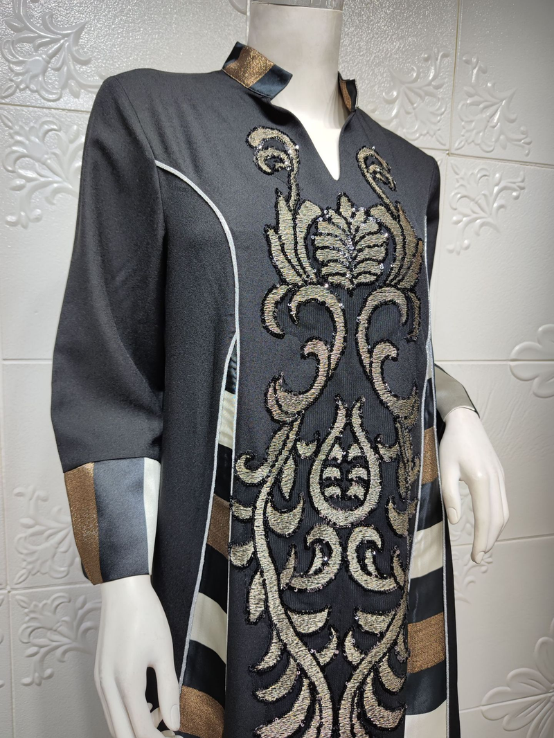 Kvinders broderede stribede abaya muslimske muslimske abaya_voghion.com
