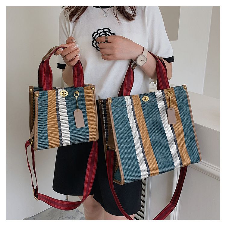 Borsa tote da donna, borsa tote a mano alla moda a righe da donna, borsa a tracolla monospalla in tela color-block di grande capacità_voghion.com