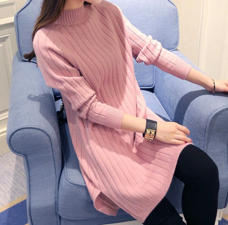 Pull mi-long à col roulé et ourlet rayé pour femme, style coréen, nouvelle collection automne-hiver_voghion.com