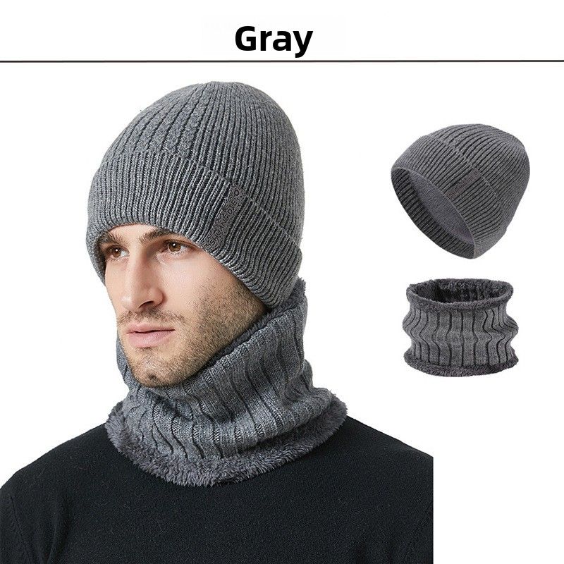Autumn Winter New Men's Thickened And Scarf Outdoor Fleece-Lined Warm Ear Protection Knitted Hat Two-Piece Set_voghion.com