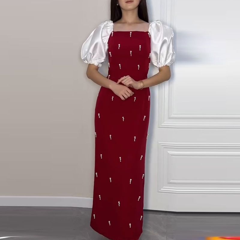 Gonna lunga a pois retrò alla moda con colletto semiaperto, vestibilità aderente, da donna_voghion.com