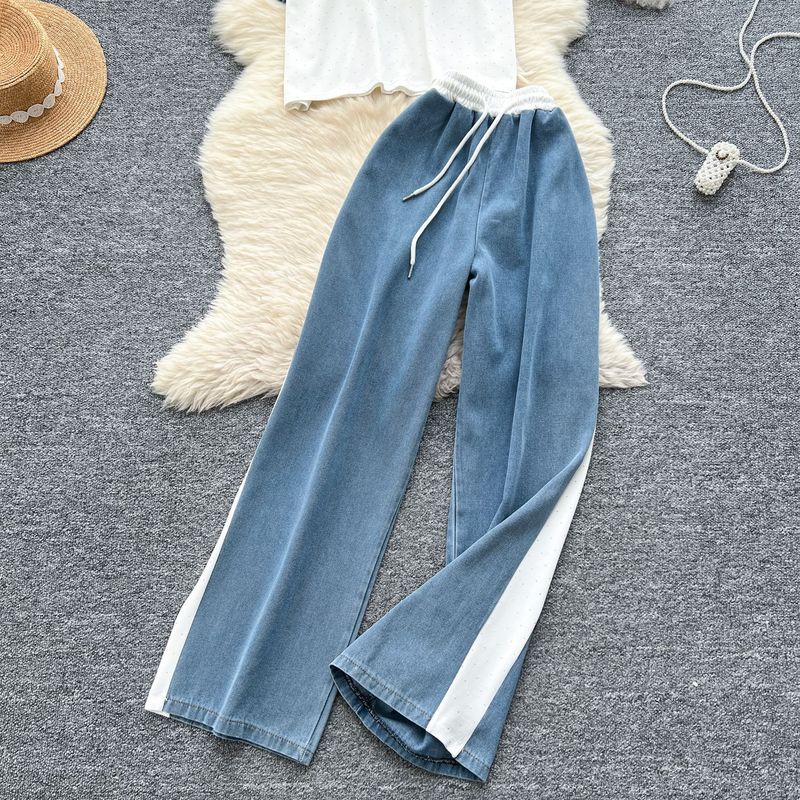 Completo da donna alla moda, estivo, retrò, a maniche corte, con cuciture, casual, con vita alta, pantaloni in denim a gamba larga, due pezzi._voghion.com