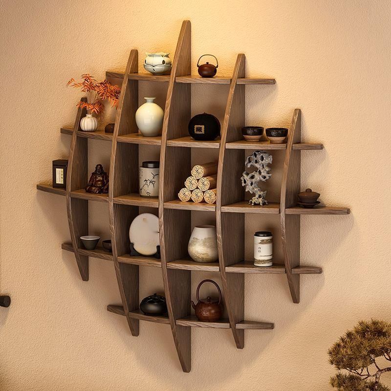Solid Wood Storage Rack For Living Room, Cup Teapot And Tea Set Rack, Wall-Mounted Chinese Style Multi-Treasure Cabinet_voghion.com