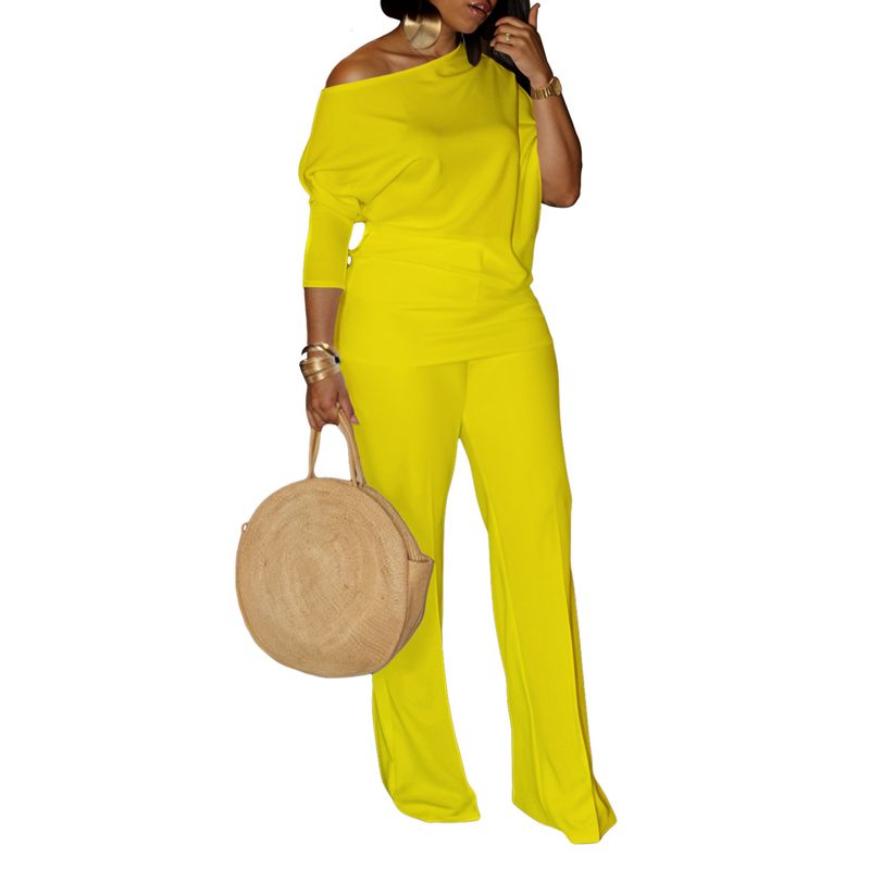 Abbigliamento da donna D3298 Tuta da donna in stile autunno tinta unita con scollo a V e gamba larga, taglia grande, africana_voghion.com