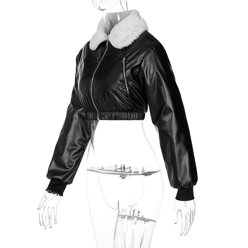 Showmirrror revers top met lange mouwen effen bont ruches pu leren jas winter damesmode kunstleer streetwear pluche_voghion.com