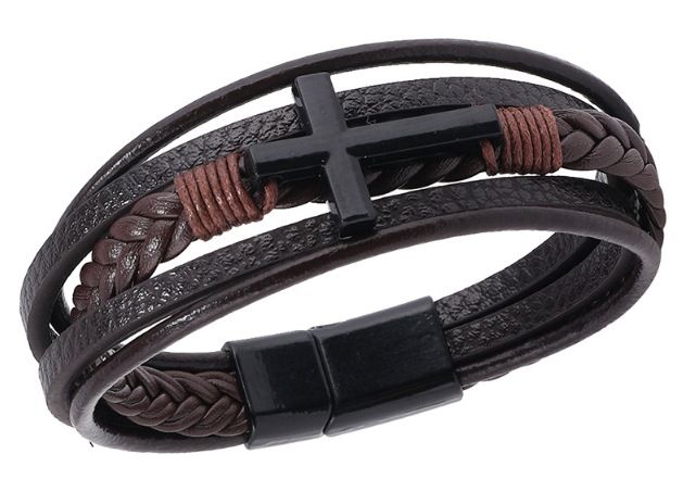 Bracciale in pelle con croce laccata nera, multistrato, per uomo, gioielli di moda_voghion.com