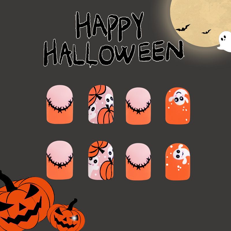 Short Square Armor Frosted Secluded Cute Pumpkin Ghost Halloween Element French Pumpkin Contrast Color False Nail 24 Pieces_voghion.com