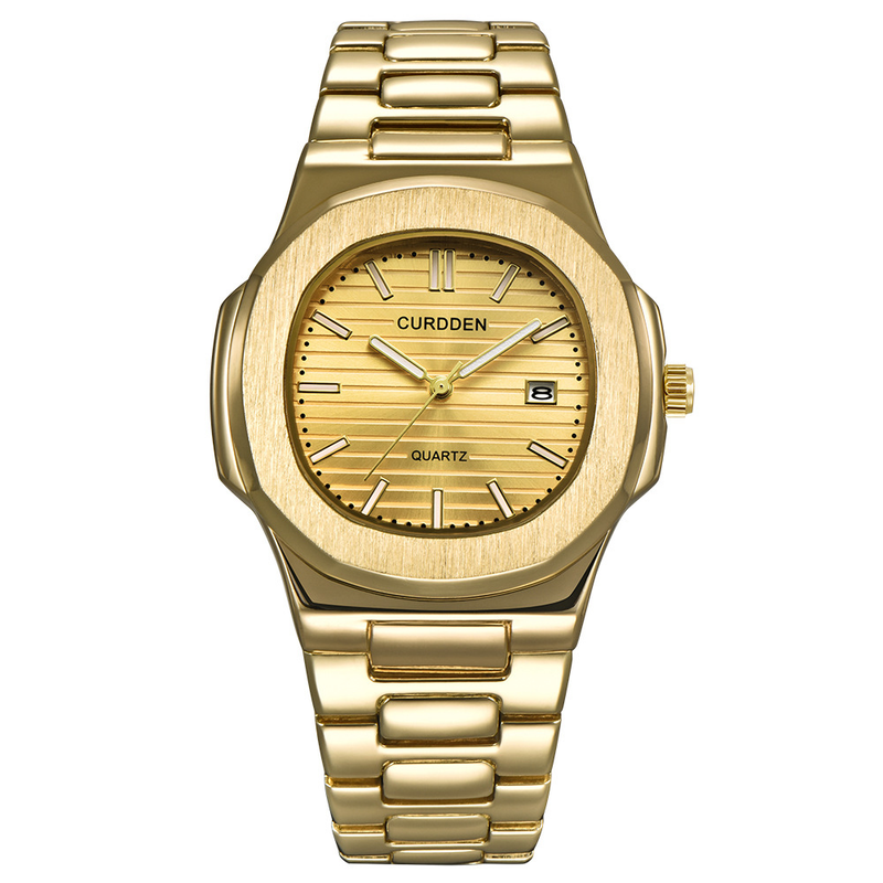 Herrenuhr mit Stahlband, modisch, goldfarben, Datum, Quarzuhr_voghion.com