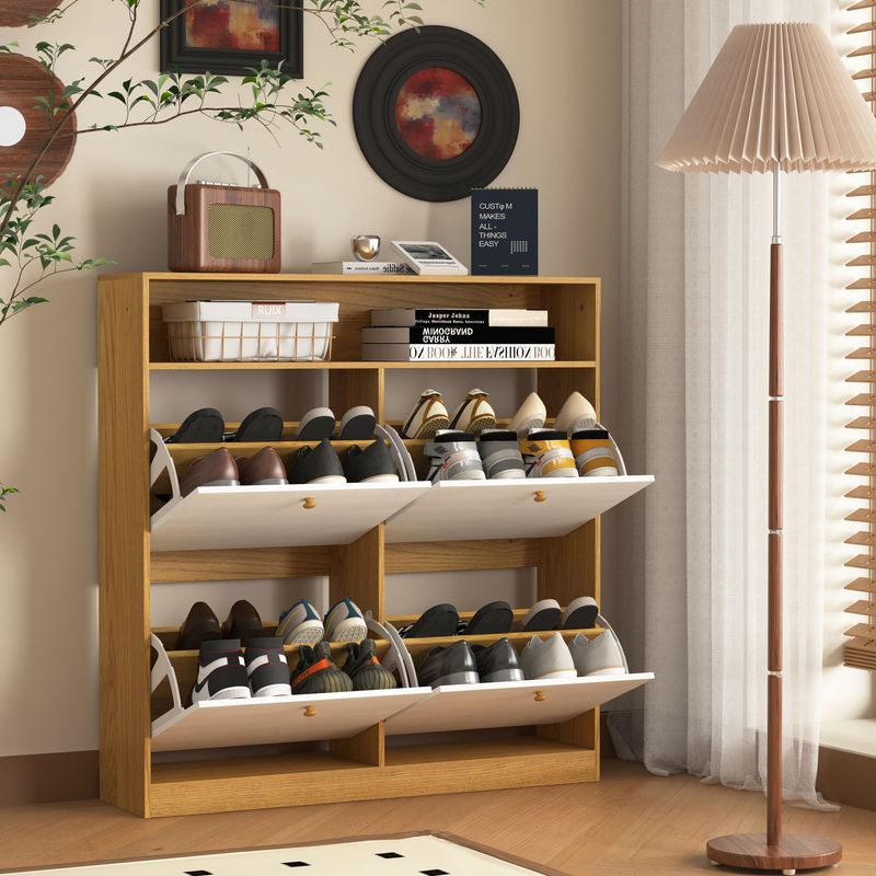 Shoe Storage Cabinet With 4 Flip Drawers , Shoe Rack Organizer Cabinet With Wooden Handle Freestanding Shoe Cabinet Storage With Anti-tip Fitting For Entryway, Hallway_voghion.com
