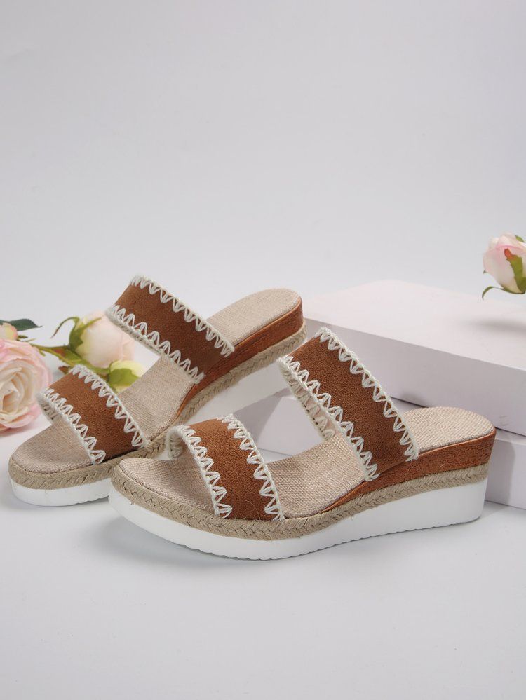 Women’s Shoes New Rope Woven Edge Wedge Slippers For Women Thick Bottom One Word Strap_voghion.com