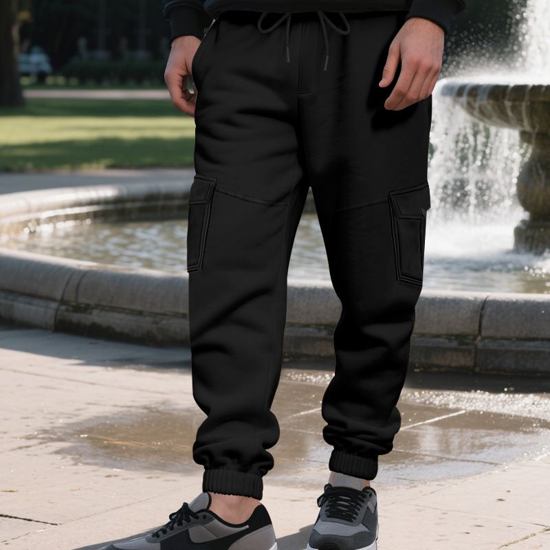Autumn Winter Fleece Drawstring Men's Loose Casual Sports Multi-Pocket Cargo Pants_voghion.com
