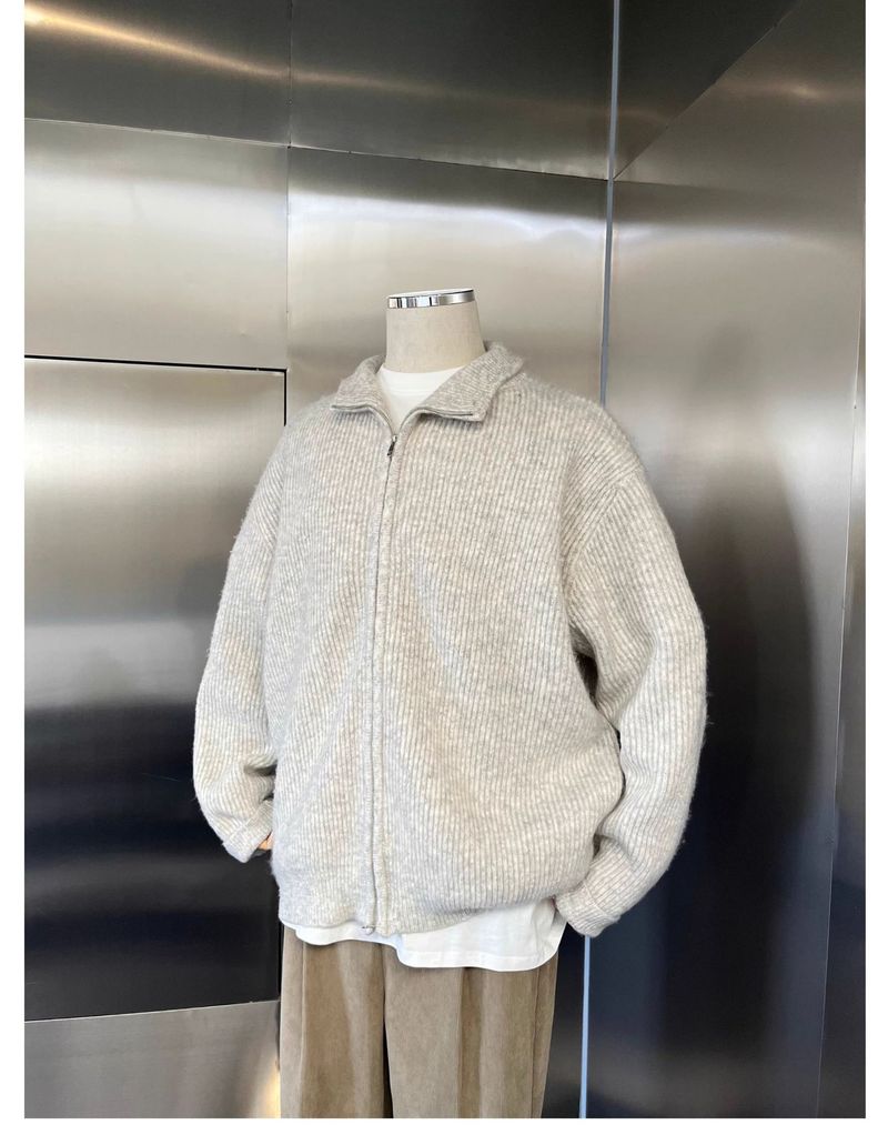Herren-Strickpullover mit Stehkragen und Reißverschluss – Übergroße Strickjacke mit Fleecefutter und knitterfreiem Finish (M-XXL, Hellgrau, Winter-Freizeitkleidung)_voghion.com
