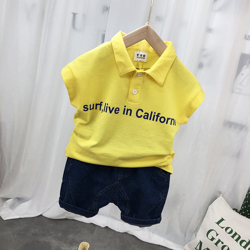 Ropa para madres y niños, novedad de verano, versión coreana para niños, camiseta con solapa, pantalones cortos, traje sin mangas con estampado de dibujos animados para niños_voghion.com