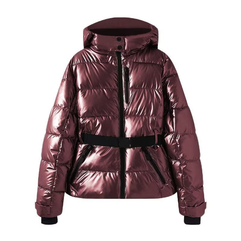 Women's Clothing Women's Stylish Ski-Inspired Hooded Down Jacket With Waist Cinching - Winter Warm Padded Coat In Black/Checkered/Silver/Blue Floral_voghion.com