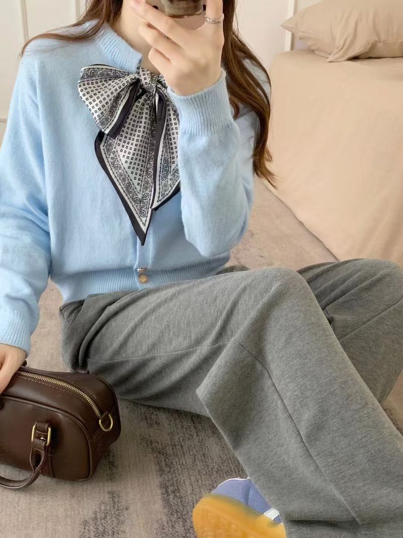 Sciarpa di seta stampata leggera e di lusso con scollo rotondo, manica lunga con nastro per le donne in autunno inverno, elegante e snellente,_voghion.com