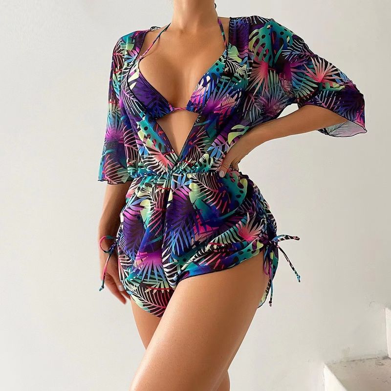 Verve 2025 Long Sleeve Three-Piece Set Mesh Waist Drawstring Printed Two-Piece Bikini Swimsuit For Women_voghion.com