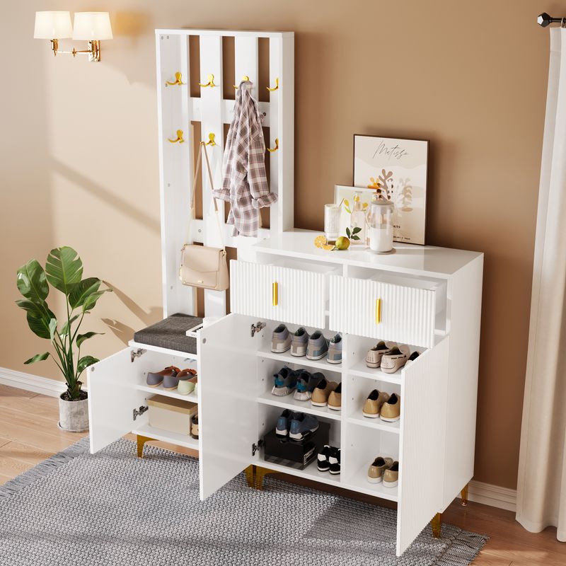 Meuble d'entrée avec banc à chaussures et coussin, porte-manteau avec crochets, meuble de rangement avec tiroirs et portes_voghion.com