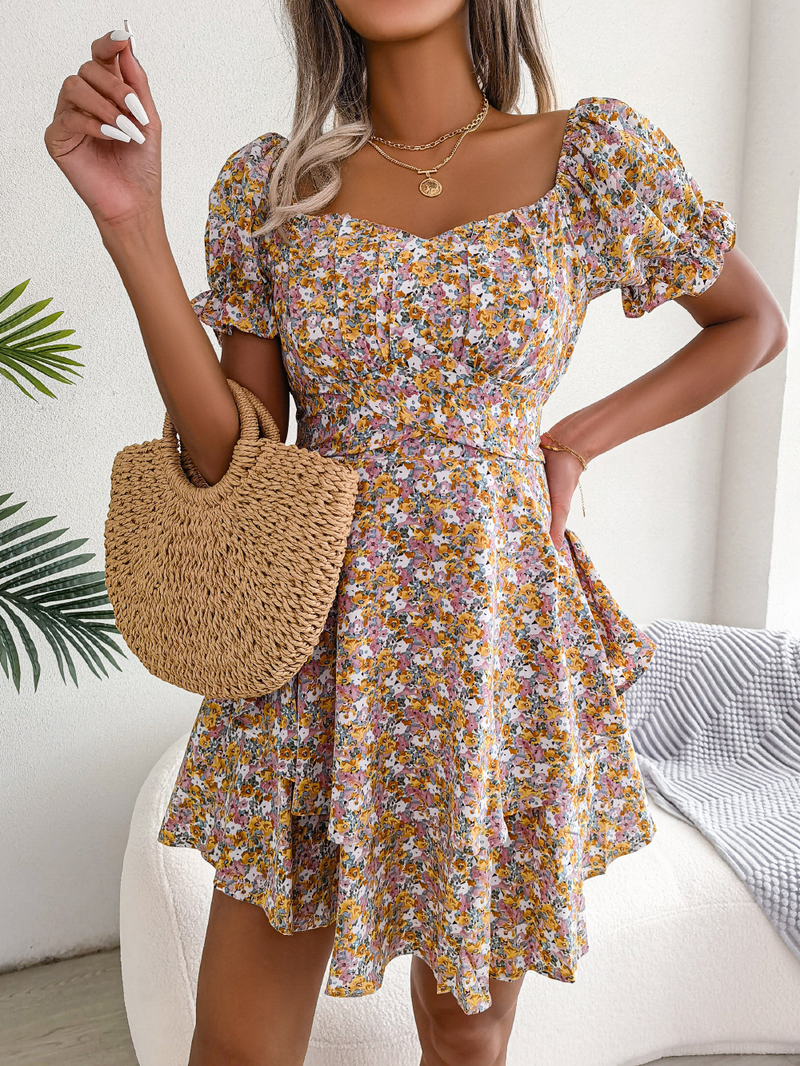 Estilo INS 2022 Primavera/Verão Fragmentado Flor Fragmentada Cintura com Cadarço Grande Vestido Balanço Feminino_voghion.com