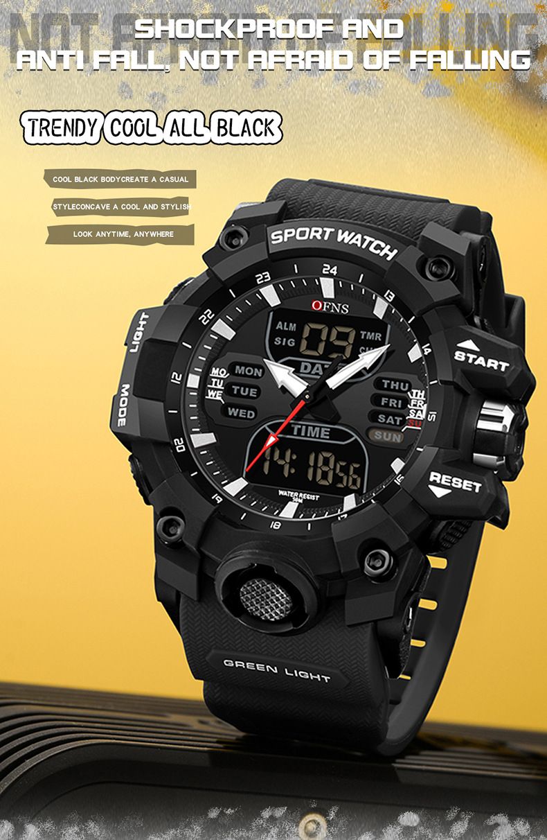 Sporthorloge voor heren met digitaal en analoog display, waterdicht tot 50 m, LED-achtergrondverlichting, alarm, stopwatch, afteltimer, dubbele tijd, casual en outdoorkleding_voghion.com