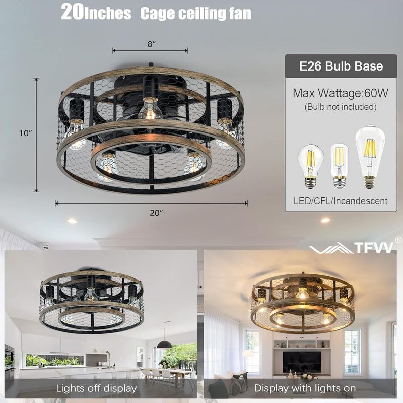 20 Inch Industrial Caged Ceiling Fan With 7-ABS Blades Remote Control, Small Ceiling Fan Reversible DC Motor - Black_voghion.com