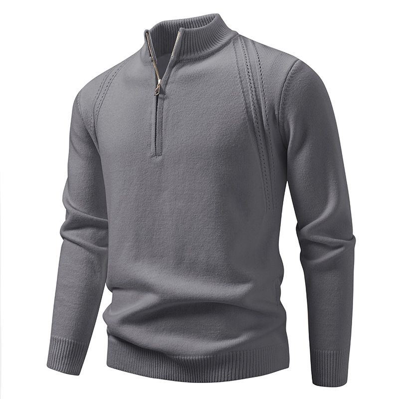 Herren-Pullover mit Stehkragen und halbem Reißverschluss, einfarbig, für Herbst und Winter, lässiger Pullover, Basis-Pullover_voghion.com