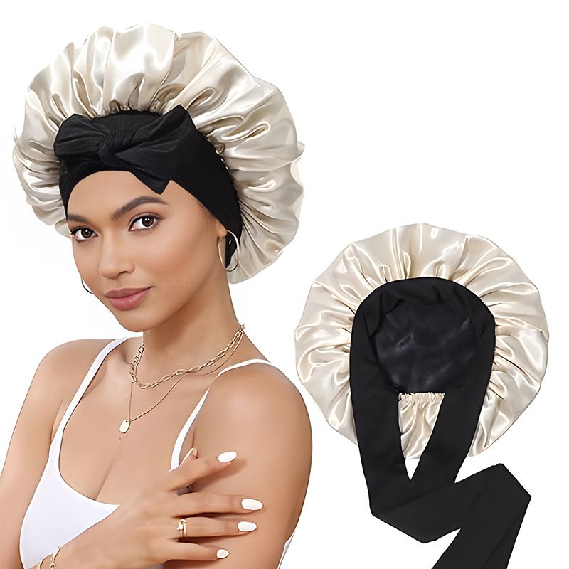 berretto da notte in raso a doppio strato, cappello rotondo da donna in stile nastro, cappello per la cura dei capelli elastico alto a tesa larga a doppia faccia_voghion.com