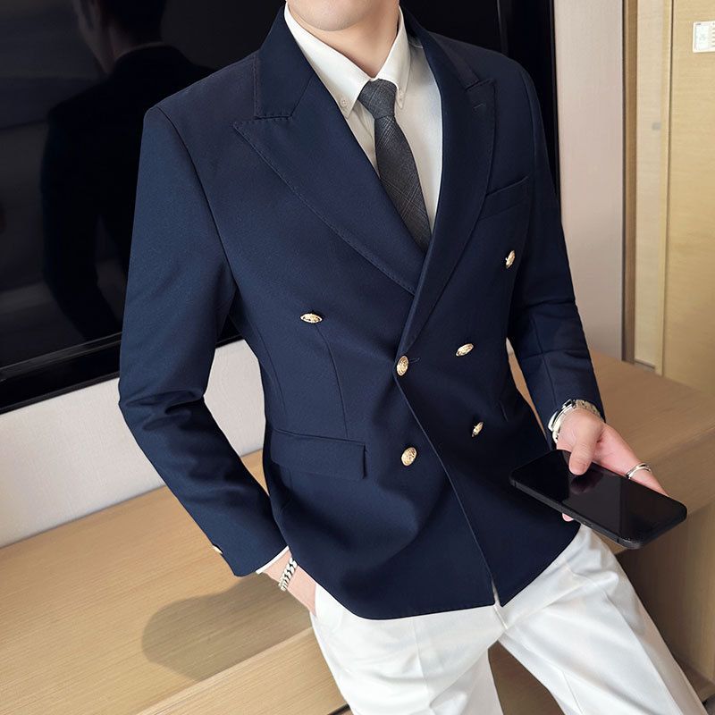 1 Cross-Border Foreign Trade Style Men's Suit With Metal Buttons Slim Fit Double-Breasted Peak Lapel Single Jacket Blazer_voghion.com