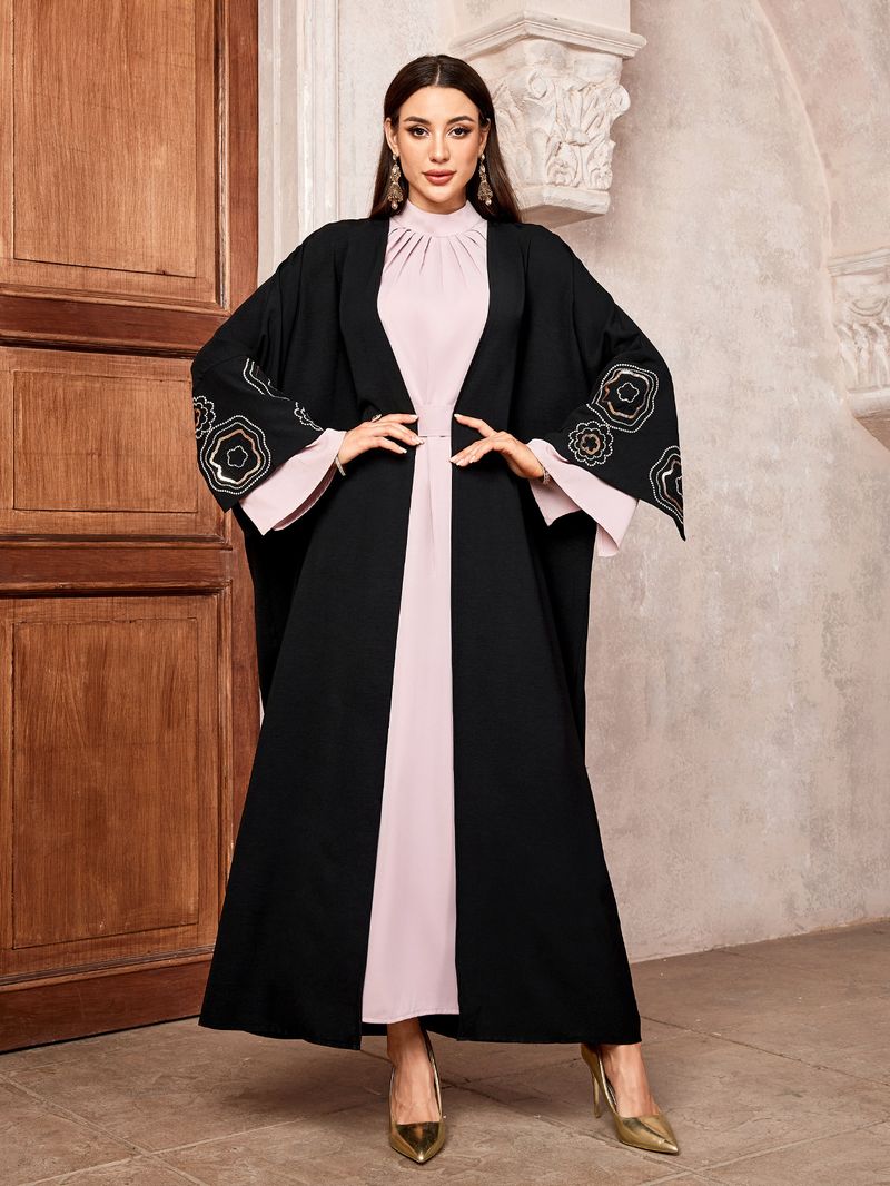 Women's Clothing Open Cardigan Dubai Stitched Color Block Batwing Sleeve Robe Elegant Classy_voghion.com