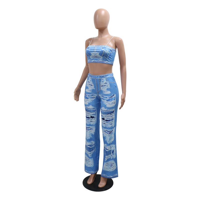 Conjunto de top corto sin mangas y pantalón acampanado: conjunto estampado de dos piezas para mujer_voghion.com