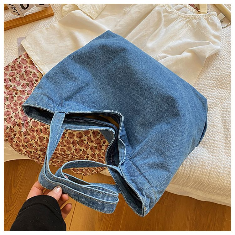 Denim Bag Women's Shoulder Bag Large Capacity Solid Color Washed Denim Bag Student Commuter Shoulder Bag Female Art Casual Handbag_voghion.com