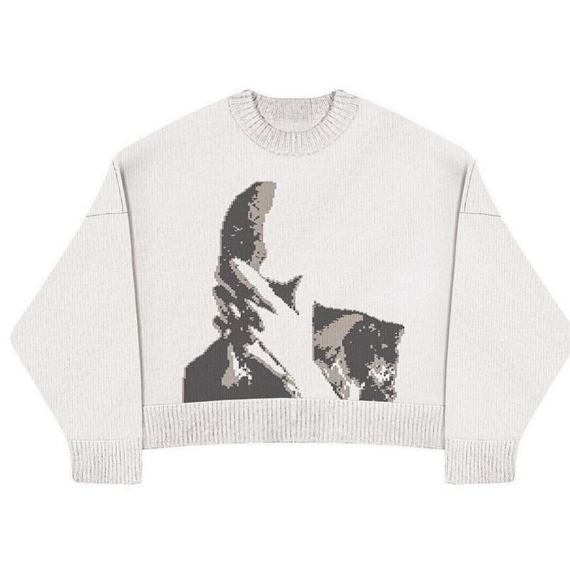 Pull oversize imprimé visage pour femme – Pull ample en tricot (décontracté et chaud)_voghion.com