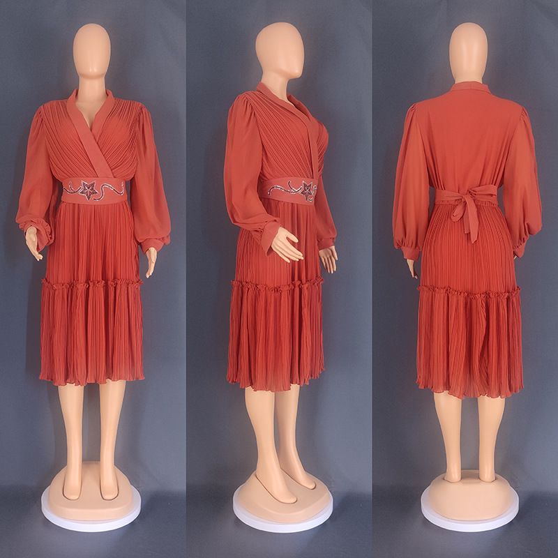 Langärmliger Faltenrock für Damen, unabhängige Station, hohe Taille, Außenhandel, lockeres Kleid in großer Größe (freier Gürtel) 8835_voghion.com
