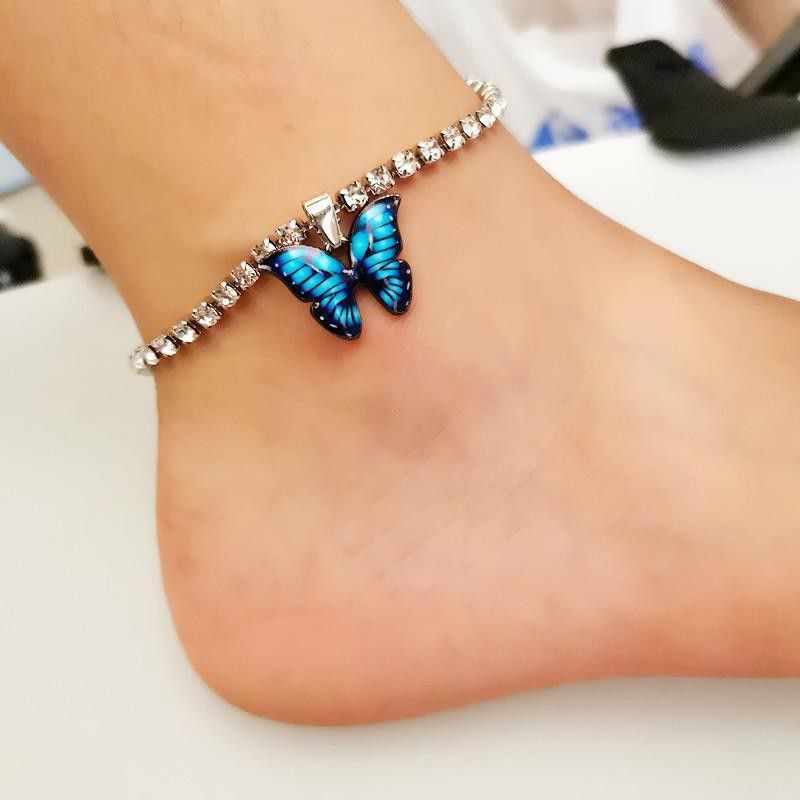 Acessórios Coloridos Incrustados Garra Corrente Pé Joias Personalidade Simples Óleo Hua Fantasia Borboleta Pingente Pulseira Tornozeleira_voghion.com
