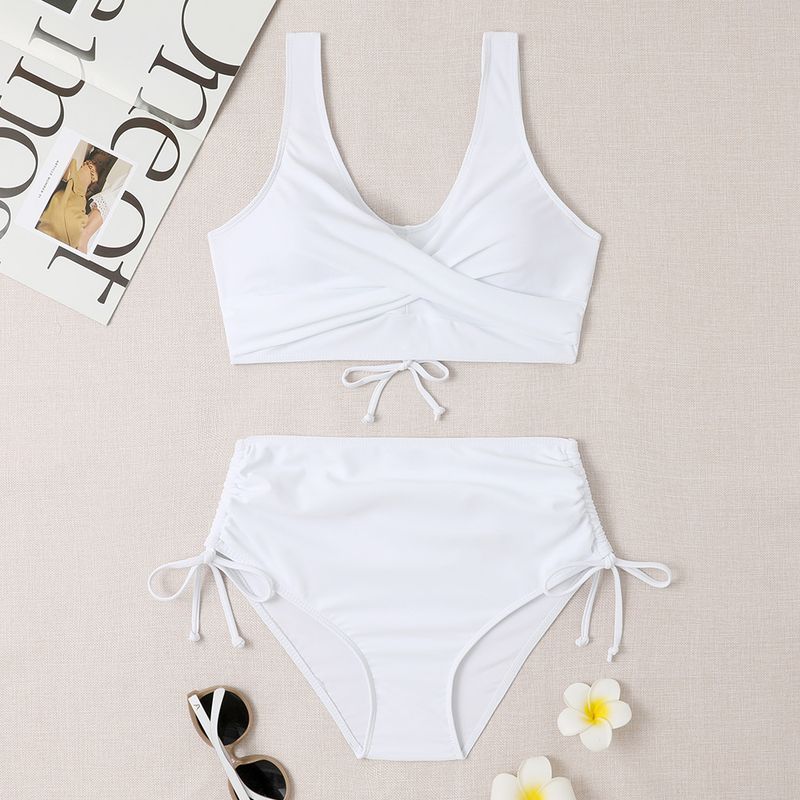 Costume da bagno da donna, bikini con spalline incrociate, tinta unita, a vita alta_voghion.com