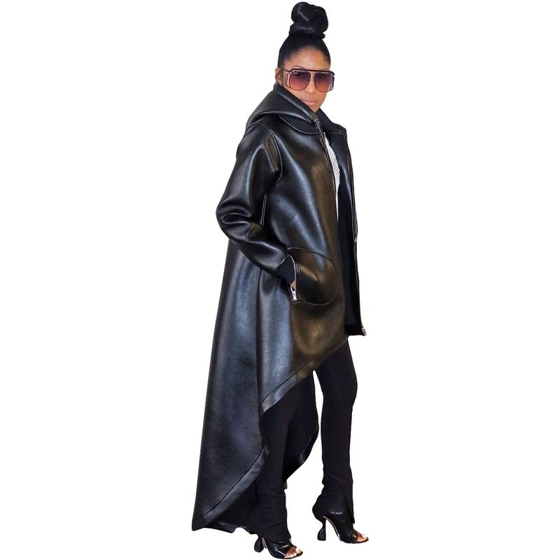 D8648 Autumn Winter New Women's Thickened PU Sleeve Hooded Drawstring Front Short Back Long Cape Coat_voghion.com