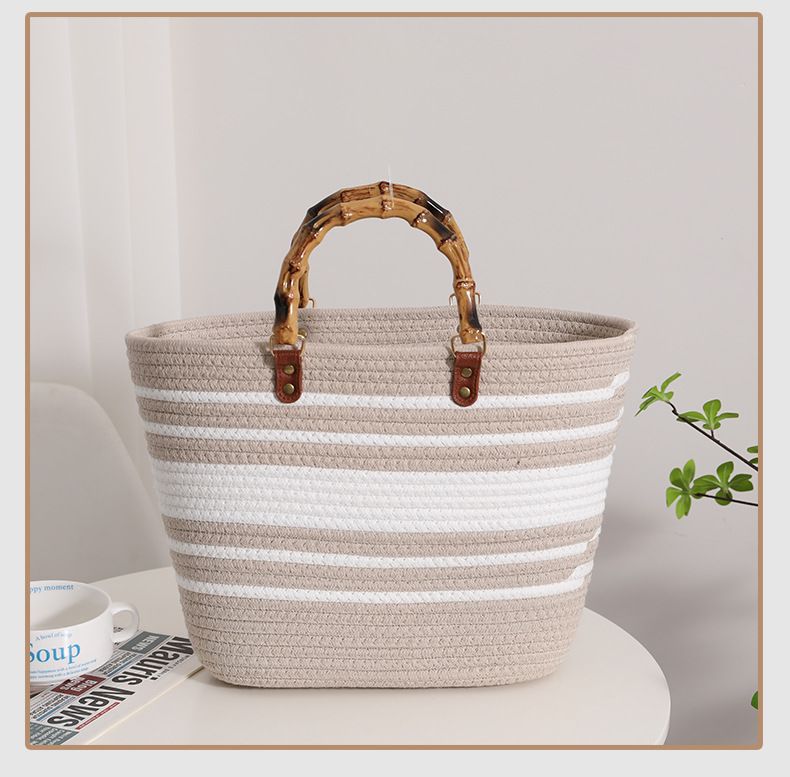 Versatile large capacity cotton woven bag new style hand-held French retro straw bag seaside holiday beach bag women's bag_voghion.com