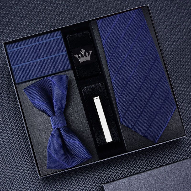 Fünfer-Set: Formelle Herren-Business-Krawatte, 8 cm, blauer Reißverschluss, schwarze handgebundene Fliege, Einstecktuch, Manschettenknöpfe_voghion.com